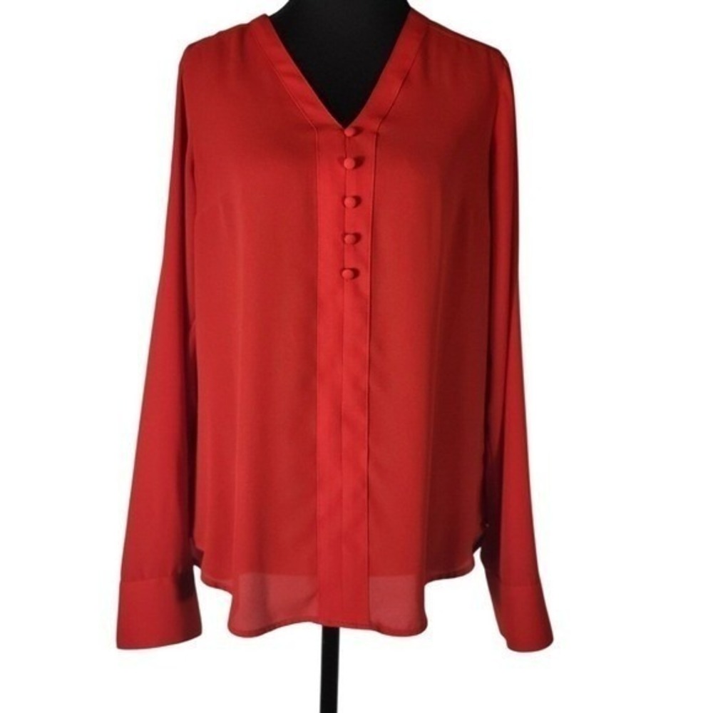 Express Womens Red V-Neck Roll-Tab Sleeve Button Front Blouse Size S